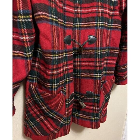 Vintage 90s Eddie Bauer Wool Red Tartan Plaid Long Coat Jacket Toggles Size S - Picture 7 of 16